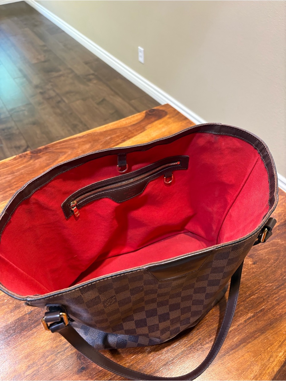 Louis Vuitton Brown Check Tote with Red Interior - Picture 13 of 15